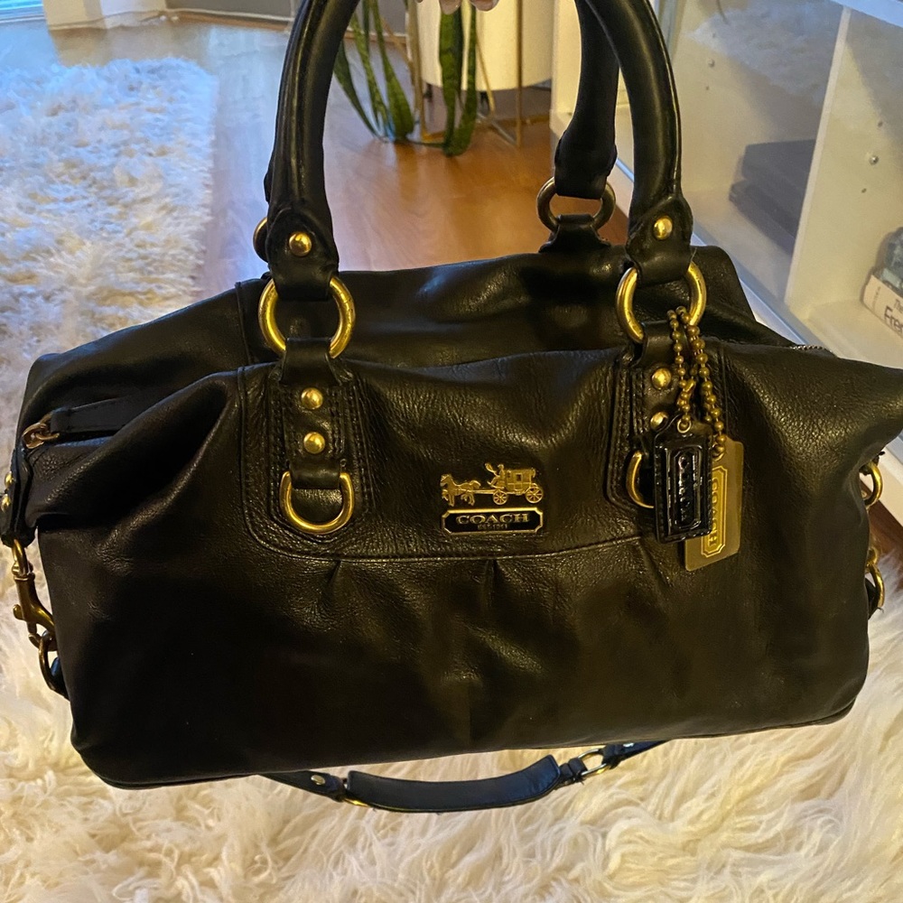 Coach black genuine leather satchel with gold hardware